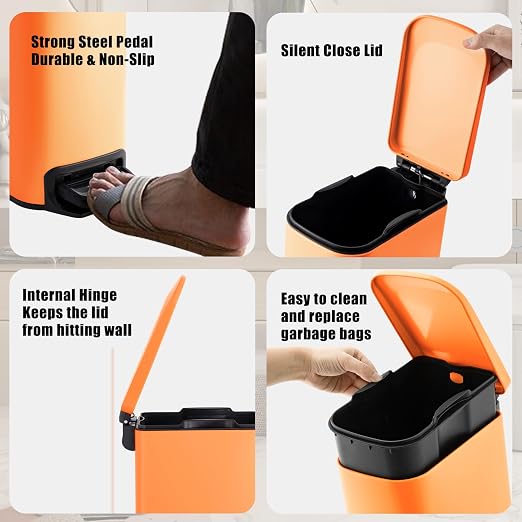 Cesun Small Bathroom Trash Can with Lid Soft Close, Step Pedal, 6 Liter / 1.6 Gallon Stainless Steel Garbage Can with Removable Inner Bucket, Anti-Fingerprint Finish (Matt Orange) - Image 5