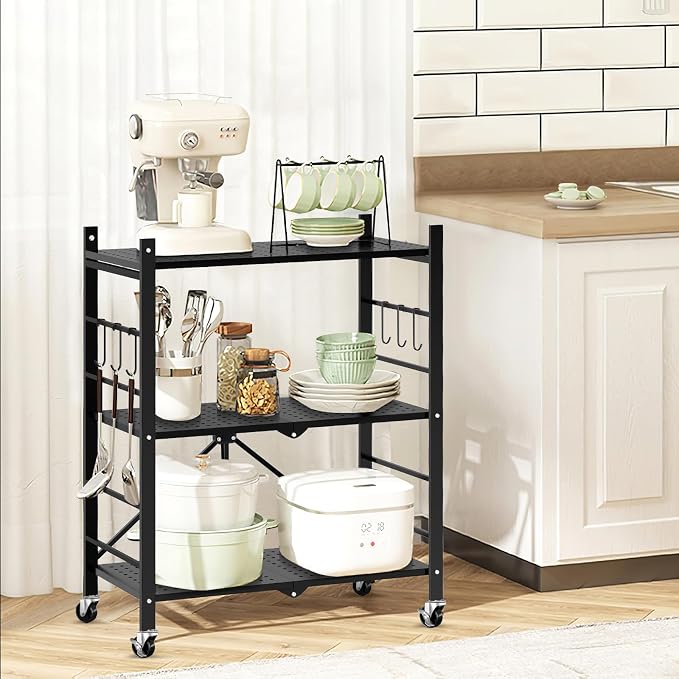 Himix Storage Shelves with 6 Hooks, 3 Tier Foldable Shelf with Wheels, Metal Storage Shelving Unit Rolling Cart, Utility Shelf Rack Organization Shelves for Pantry, Kitchen, Black - No Assembly - Image 8