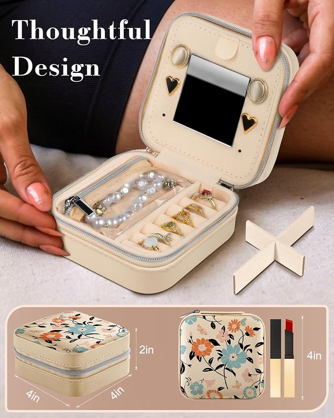 Bistup Travel Jewelry Case - Small Jewelry Organizers and Storage Box for Women Girls Teens Cute Traveling Jewelry Holder with Mirror Little Tiny Compact Blue Floral Modern Unique Aesthetic Pretty - Image 2