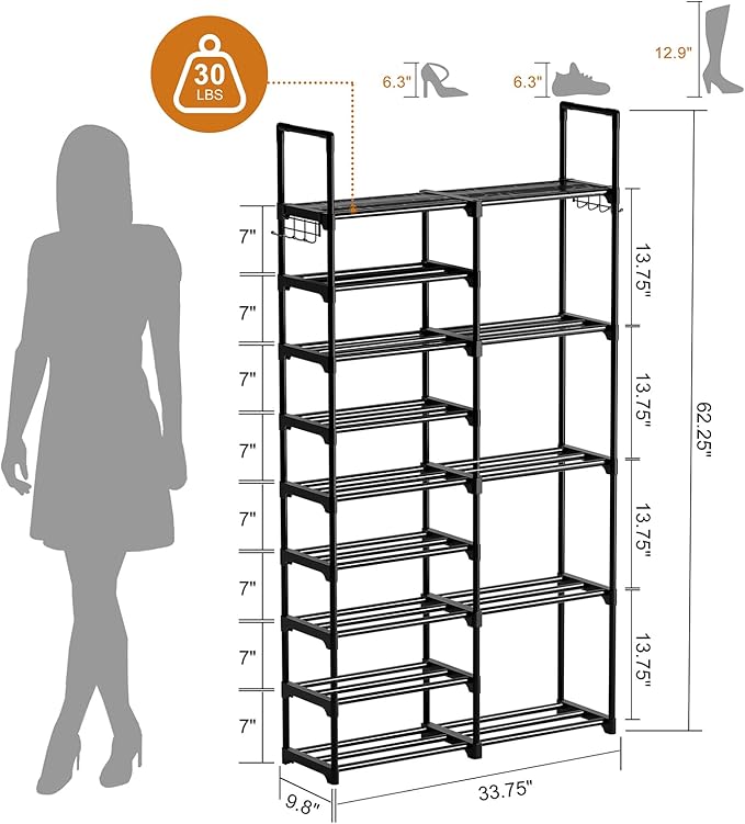 WOWLIVE 9 Tiers Shoe Rack Shoe Storage Shoe Organizer 30-35 Pairs Shoe Tower Unit Shelf Durable Metal Pipes with Plastic Connectors Stackable Cabinet Black(SSS2B9) - Image 3