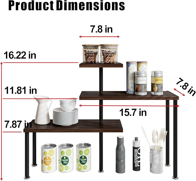 Countertop Organizer Organization 3 Tier Kitchen Corner Shelves Adjustable Spice Storage Rack for Bathroom Coffee Area Over Sink (Black Oak) - Image 2