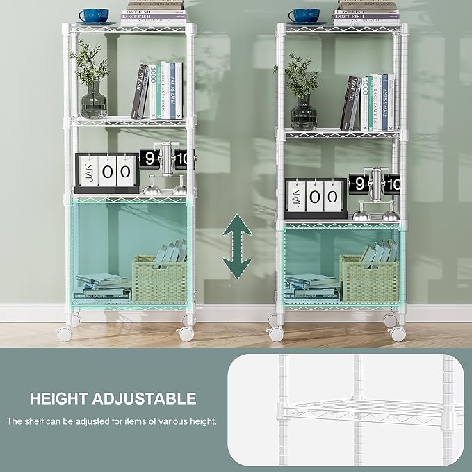 M MZG 1000 lbs 4-Shelf Adjustable Heavy Duty Steel Wire Rack, Adjustable Storage Shelving Unit with Wheel for Kitchen, Garage, Laundry White 11.8" D x 17.7" W x 40.8" H - Image 7