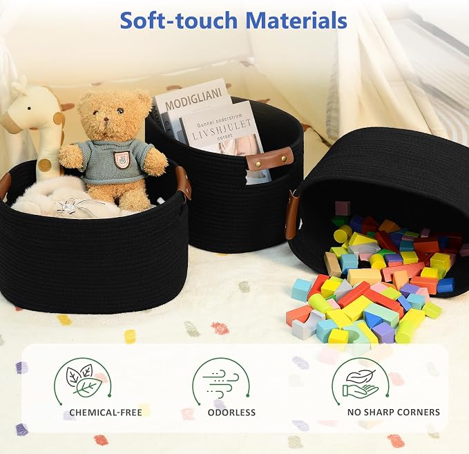 ECDYQXVU Cotton Rope Basket, Storage Baskets with Handle, 15x10x9 Inch Woven Basket for Shelves, Laundry, Towels, Clothes, Books (Black 2Pack) - Image 5