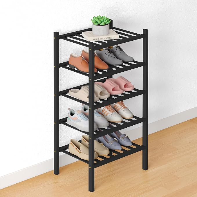 Smiry Bamboo Shoe Rack for Closet, 5 Tier Small Wooden Stackable Shoe Organizer, Free Standing Shoes Storage Shelf for Entryway, Front Door Entrance, Black by Smiry