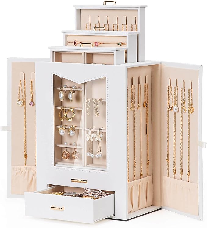 Homde Jewelry Organizer with Transparent Window Necklace Hooks Gift for Women Jewelry Box Display Case for Necklaces Rings Earrings Bracelets and Other Jewelry Accessories (White + Gold) by Homde