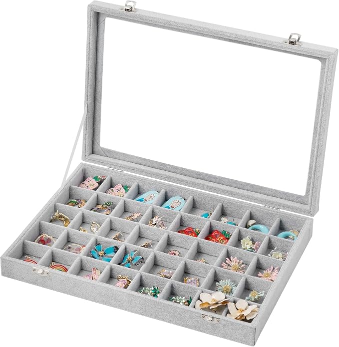Frebeauty 40 Grid Jewelry Tray,Adjustable Earring Holder Organizer with Glass Lid,Velvet Drawer Jewelry Organizer for Rings,Studs,13.8 x 9.5 x 2 Inches Jewelry Display Box,Gift for Women(Grey) by Frebeauty