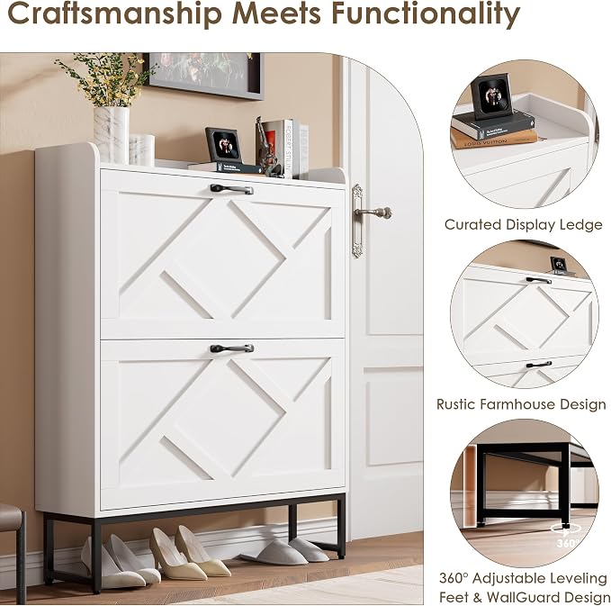 Nicetree Shoe Storage Cabinet with 2 Flip Drawers, Freestanding Shoe Organizer, Shoe Cabinet with Metal Legs, Narrow Shoe Rack Cabinet, Farmhouse Slim Shoe Cabinet for Entryway, Foyer, Hallway, White - Image 6