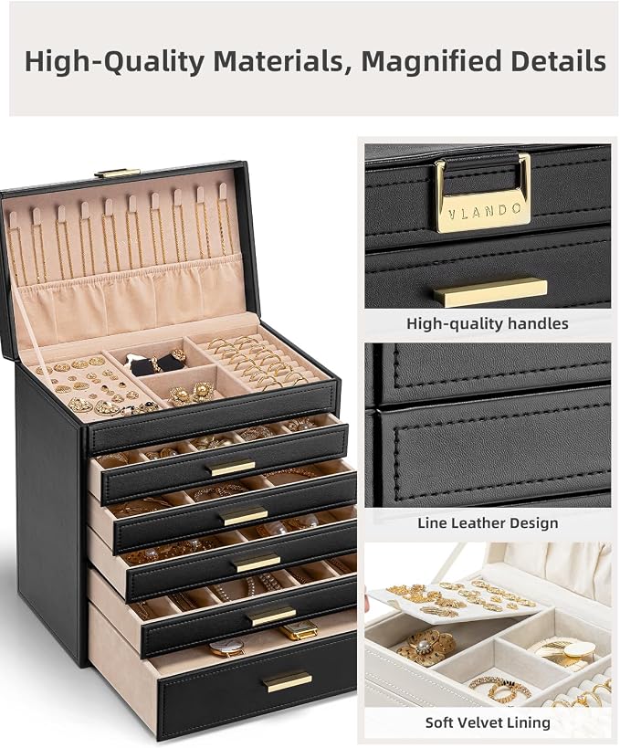 VLANDO 6 Layer Large Jewelry Box - Jewelry Holder Organizer, Jewelry Box Organizer for Drawer Necklace Ring Bracelet and Watch, Birthday Gift for Loved Ones - Black - Image 4