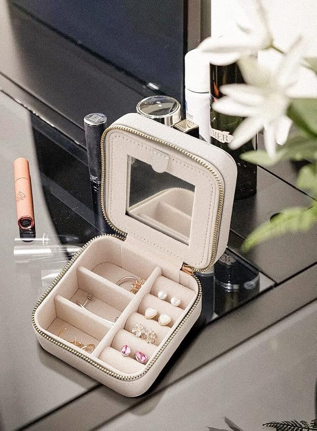 S.Leaf Travel Jewelry Organizer Boxes for Women Small Portable Necklace Earrings Bracelet Rings Travel Case Best Friend Birthday Gifts for Women Trendy (03_Lychee_Beige) - Image 4