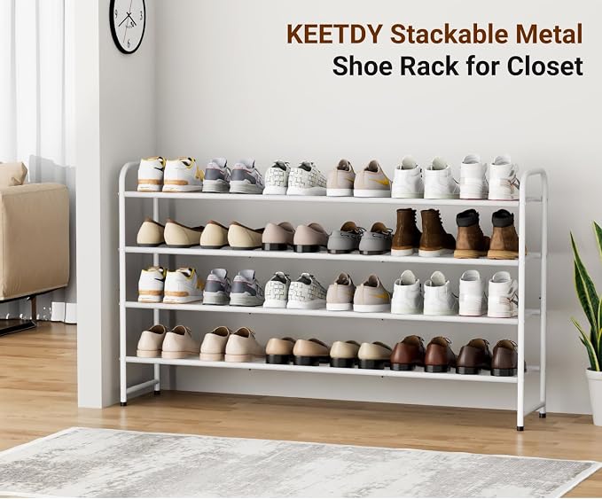 KEETDY 4-Tier Long Shoe Rack for Closet Floor, Wide Shoe Organizer Storage, Stackable Shoe Rack for Entryway Metal Shoe Shelf for 30 Pairs Men Sneakers with Wire Grid for Bedroom, White - Image 7