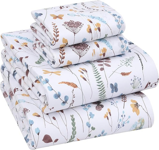 RUVANTI 100% Cotton Sheets – Queen Size Percale Bedding, Cooling & Breathable Floral Design, Durable with a Crisp, Soft & Comfortable Feel, 16" Deep Pocket, 4-Piece Set, Fern Class