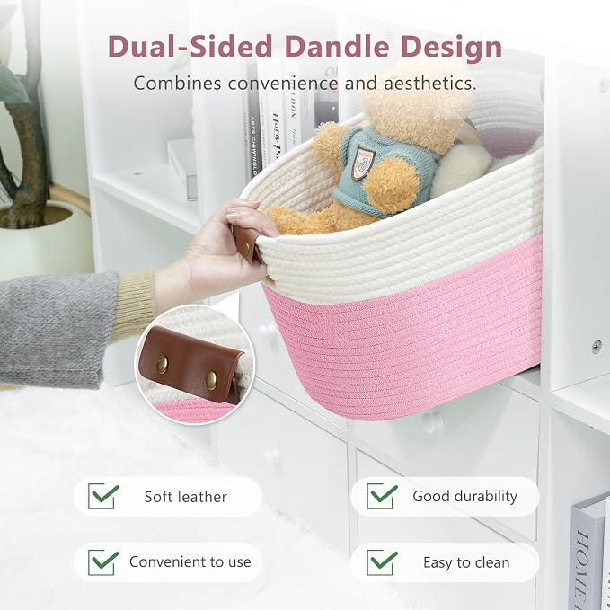 ECDYQXVU Cotton Rope Basket, Storage Baskets with Handle, 15x10x9 Inch Woven Basket for Shelves, Laundry, Towels, Clothes, Books (White/Pink 1Pack) - Image 4