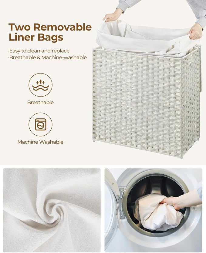 Greenstell Laundry Hamper with Lid, 125L Laundry Basket with 2 Removable Liner Bags & 2 Mesh Bags, Handwoven Synthetic Rattan Clothes Hamper for Clothes, Toys in Bathroom, Bedroom, Foldable, White - Image 4