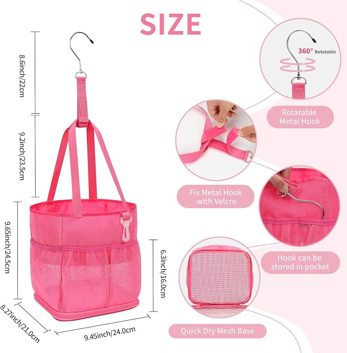 Mesh Shower Caddy Portable for College Dorm Room Essentials, Shower Tote Bag with Hanging Hook and Drawstring, Quick Dry Toiletry Bag with 6 Pockets for Bathroom, Swimming, Gym, Camping, Beach, Travel - Image 5