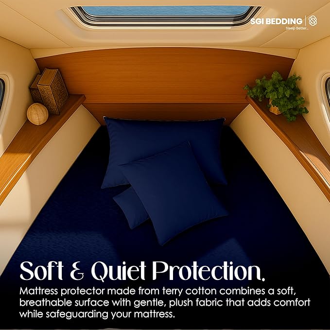 SGI Bedding Waterproof V Berth Mattress Protector 88" Head x 82” Length x 20" Foot – 15" Deep Pocket, 360° Fitted Style Mattress Pad Cover, Soft Noiseless & Breathable Cover for Boat – Navy Blue