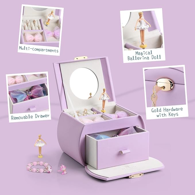 VLANDO Kids Musical Jewelry Box for Girls with Drawer, Music Box with Ballerina and Stickers for Birthday Bedroom Decor, Gifts for Girls Kids Christmas Thanksgiving Gifts 2024 - Purple - Image 2