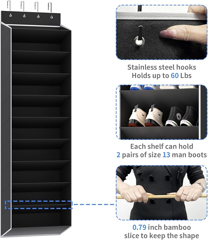 REGELETO 10 Tiers Large Size Over the Door Shoe Organizer Storage, Hanging Shoe Rack for Door with Deep Pockets, Fit 20 Pairs Shoe Organizer Holder for Sneakers and Boots (Black) - Image 7