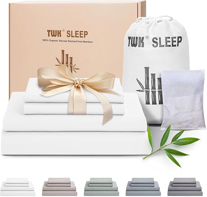 TWK Luxury Sheet Set, Genuine 100% Organic Viscose Derived from Bamboo, Cooling & Breathable, Silky Soft, Bedding Sheets & Pillowcases (White, Full)