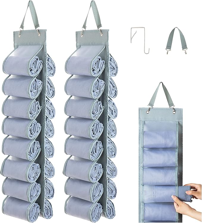 DHSFKBE Legging Organizer Storage - 2PCS T Shirt Organizer, Hanging Closet Organizers and Storage with 16 Roll Independent Compartments for Yoga Pants, Towel, Bathing Suit (Grey) by DHSFKBE