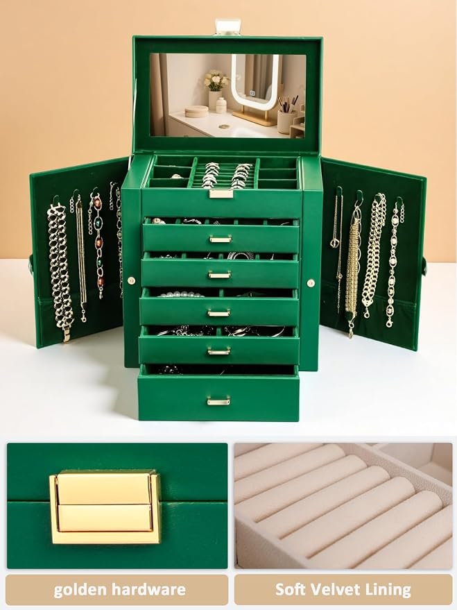 BOOVO Jewelry Box For women, 6 Layer Large Jewelry Organizer With Mirror, Multi-Function Storage Box With Lock, Necklace Holder With 5 Drawers, For Earrings Necklace Bracelet (Green and Gold) - Image 2