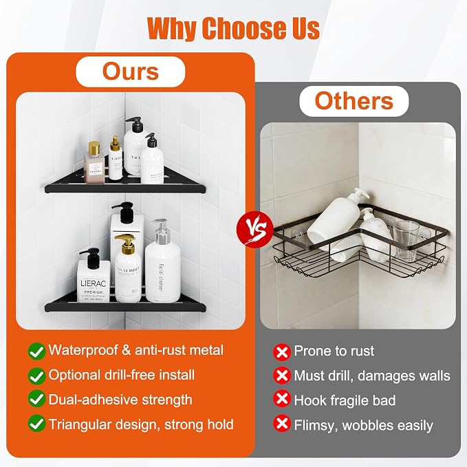 Fikoksol Shower Caddy, 2 Pack Bathroom Corner Shelf, Triangle Shelf Storage for Bathroom Shower, Black Metal Shower Shelf & Rustproof Wall Mounted Adheisve Shower Organizer Accessories and Essentials - Image 5