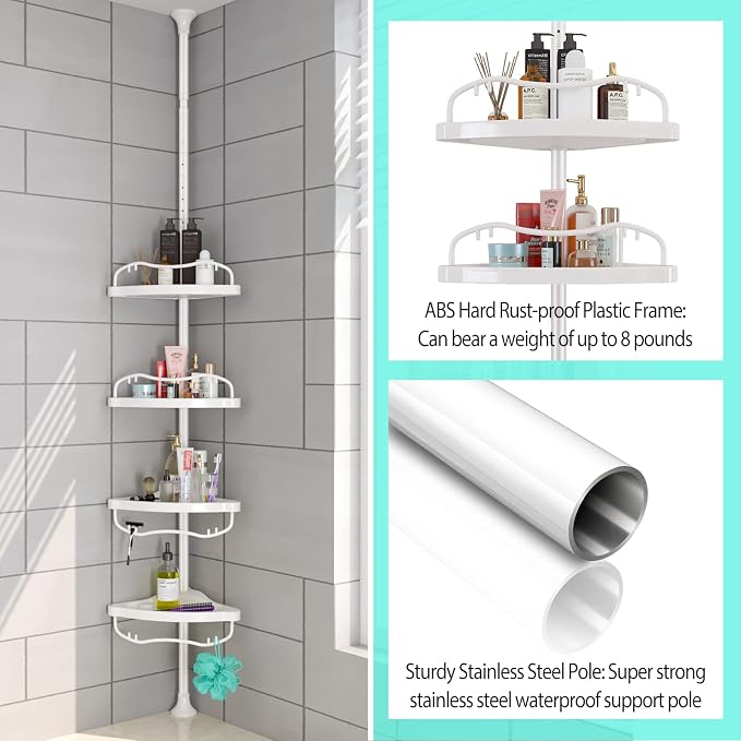 Shower Caddy Tension Pole with 4 ABS Baskets,Shower Storage Shelf with 56 to 125 Inch Adjustable Stainless Pole for Bathroom White - Image 5