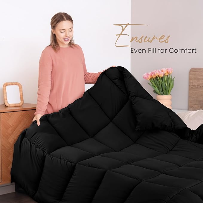 Utopia Bedding Comforters Queen Size, All Season Duvet Insert, Down Alternative Box Stitched Bed Comforter with Corner Tabs, Machine Washable (Black)