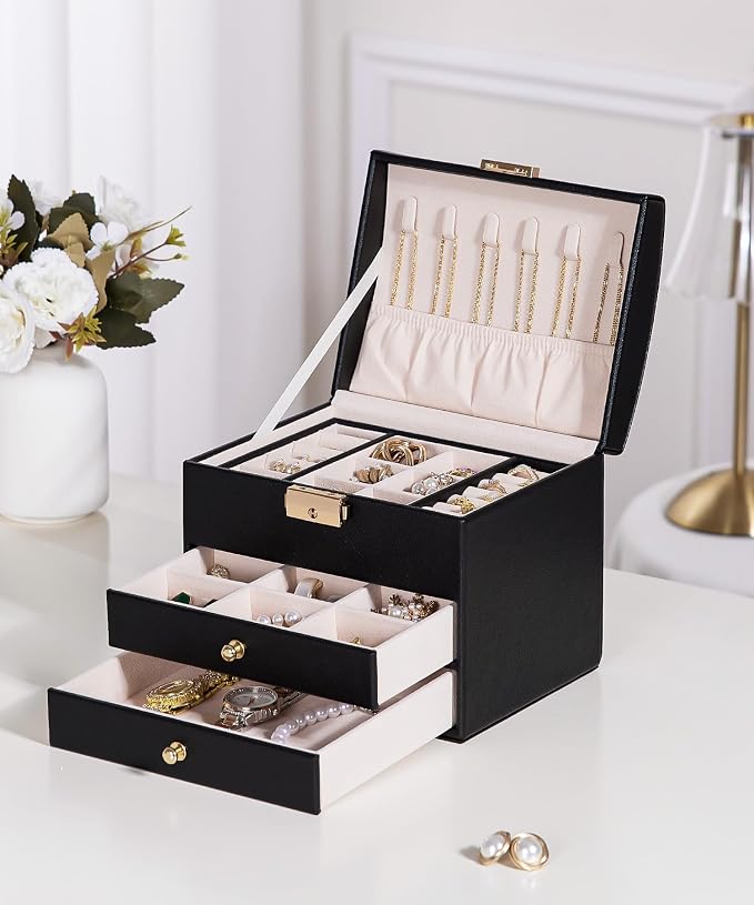 Homde Mothers Day Gifts Small Girls Jewelry Box with Lock: 3 Layer Organizer with Removable Tray - Storage for Ring Necklace Earring - Birthday & Return Gifts for Young Women (Graphite Black) - Image 8