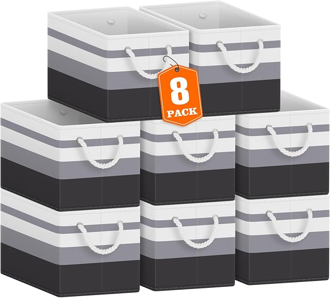 Fab totes Storage Bins [8-Pack], Foldable Storage Baskets for Organizing Toys, Books, Shelves, Closet, Large Storage Box with Rope Handles, Sturdy Organizer Bins,Gradient Grey by Fabtotes