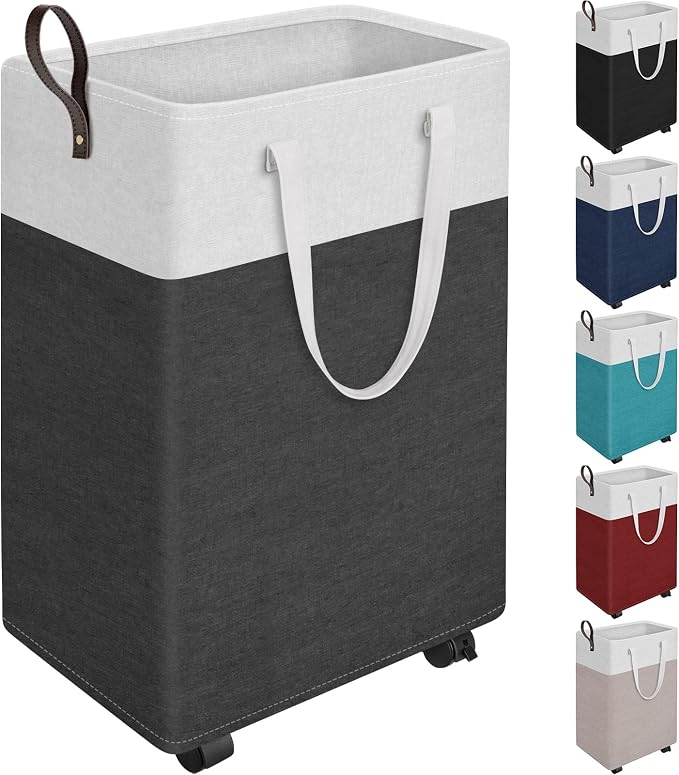 HomeHacks Laundry Basket with Wheels, Rolling Laundry Hamper, Collapsible & Waterproof Clothes Hamper, Narrow Corner Bins with Extended Handles in the Family & Dorm 90L(Grey) by HomeHacks