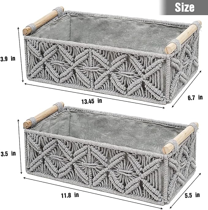 Macrame Storage Basket Boho Decor Baskets for Organizing Woven Decorative for Countertop Toilet Paper Basket for Tank Top for Home Decor Bedroom Nursery Livingroom Entryway (Set of 2,Grey) - Image 7