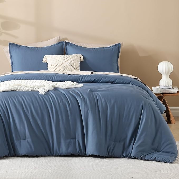 Litanika Haze Blue Comforters Oversized Queen Size, 3 Pieces Lightweight Solid Bedding Comforter Set, All Season Fluffy Bed Set (98x98In Comforter & 2 Pillowcases)