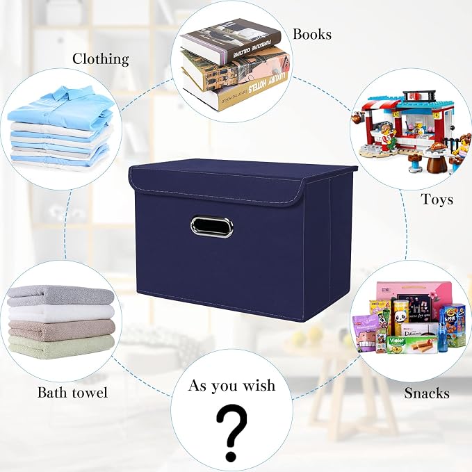 STOREONE Fabric Storage Cube Bins Foldable Organizer Container Collapsible Basket with Lids and Metal Handles, for Home, Bedroom, Closet 8 Pcs (Navy Blue) - Image 3