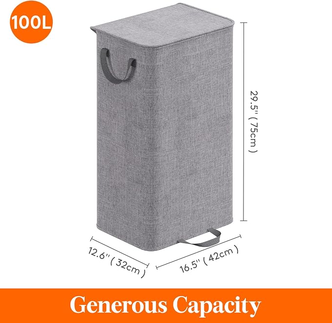 Lifewit Single Laundry Hamper with Lid and Removable Laundry Bags, Large Collapsible 1 Dividers Dirty Clothes Basket with Handles for Bedroom Laundry Room Closet Bathroom College, 100L Gray - Image 6