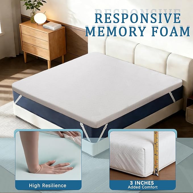 100% Waterproof Mattress Topper Twin XL Size Bed, 3 Inch Memory Foam Mattress Topper with Removable & Washable Cover, Soft Mattress Topper for Back Pain Relief High Density Foam