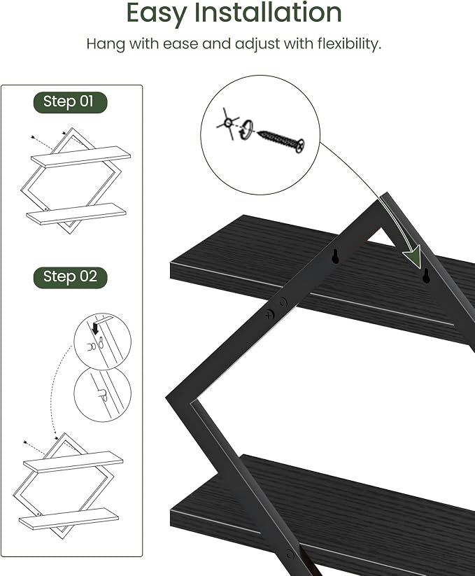 CHOEZON Floating Shelves, Set of 2 Wall Shelves, 2-Tier Hanging Shelves, Wall Shelf Set of 2, Wall Mounted Shelves, for Living Room, Bedroom, Kitchen, Office, Study, Black TBJ01P2BB - Image 4
