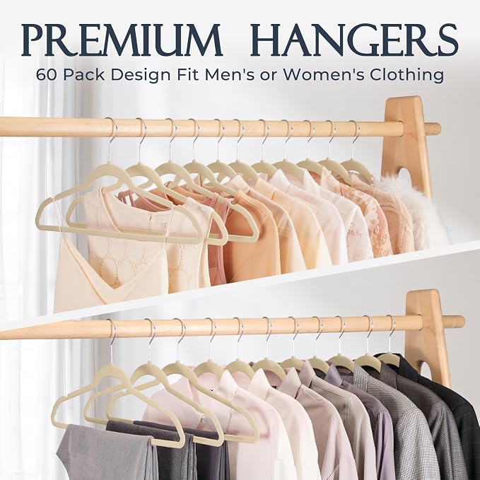 HOUSE DAY Beige Velvet Hangers 60 Pack, Non Slip Clothes Felt Hanger Heavy Duty for Coat, Premium Slim Space Saving Suit Hangers for Closet Organizer, 360° Rotating Silver Hook - Image 8