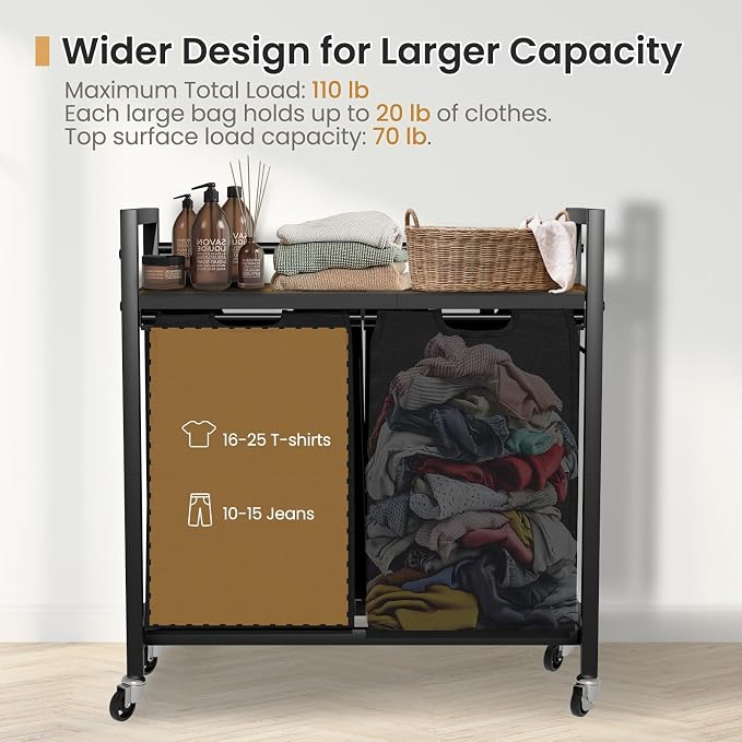 SwaaVee Laundry Hamper, Laundry Basket, Laundry Sorter with 2 Removable Bags, Clothes Basket with 2 Compartments, Wheels, Shelf for Laundry Room Bathroom Bedroom (2 Bags-Black) - Image 3