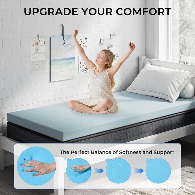OhGeni 2 Inch Twin Size Memory Foam Mattress Topper Pad with Cover, Soft Bed Cover with Anti-Slip Base, Enhanced with Cooling Gel，Removable & Washable，College Dorm Room Essential
