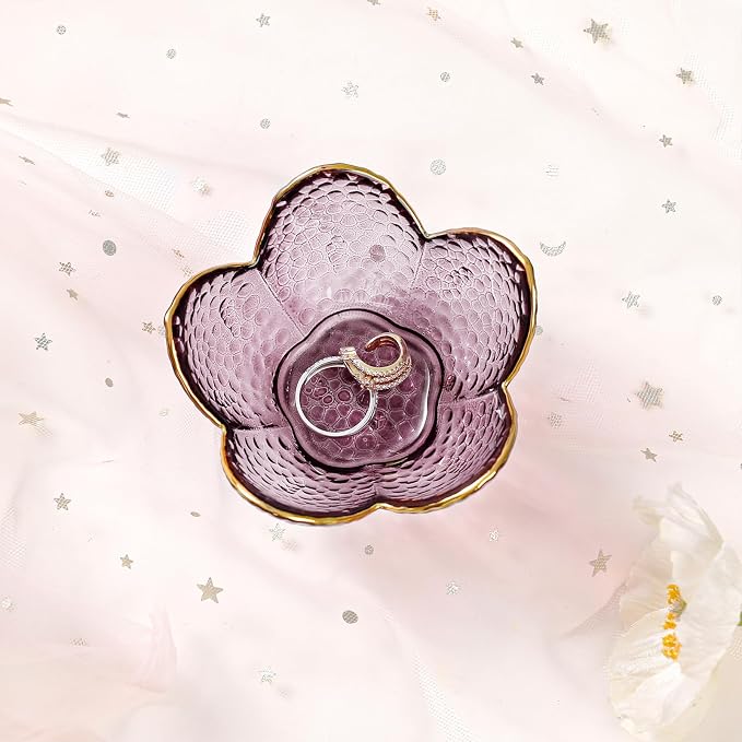 Purple Flower Jewelry Dish Glass Ring Holder Dish Jewelry Tray Cute Vanity Organizer Aesthetic Nightstand Bathroom Room Decor Trinket Dish Mothers Day Friendship Christmas Birthday Gifts for Women - Image 9