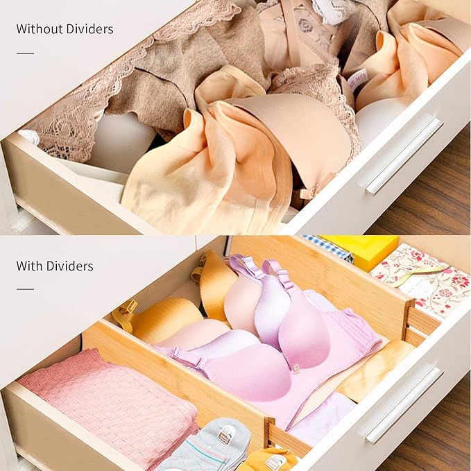 Utoplike 4 pcs Bamboo Kitchen Drawer Dividers Large, Adjustable Drawer Organizers, Spring Loaded, Expandable Organization Works in Kitchen, Dresser, Bathroom, Bedroom, Drawer, Desk - Image 7