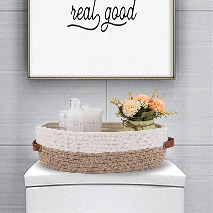 2 Pack Cotton Rope Bathroom Decor Basket,Toilet Paper Holder Basket,Farmhouse Home Decor Organizing Baskets 13"x5.9"x4" Brown Stitching White - Image 3