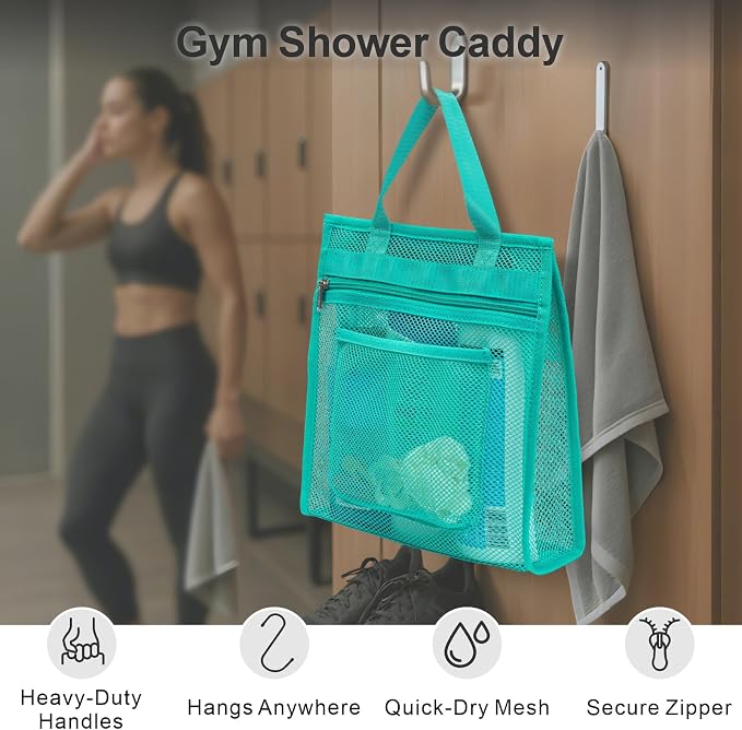 F-color Mesh Shower Caddy Portable Hanging - 3 Pockets Small Shower Bag Tote for Camping, Gym, Travel, Toiletry, Quick Dry Bathroom Essentials with S Hook, Mint Green - Image 2