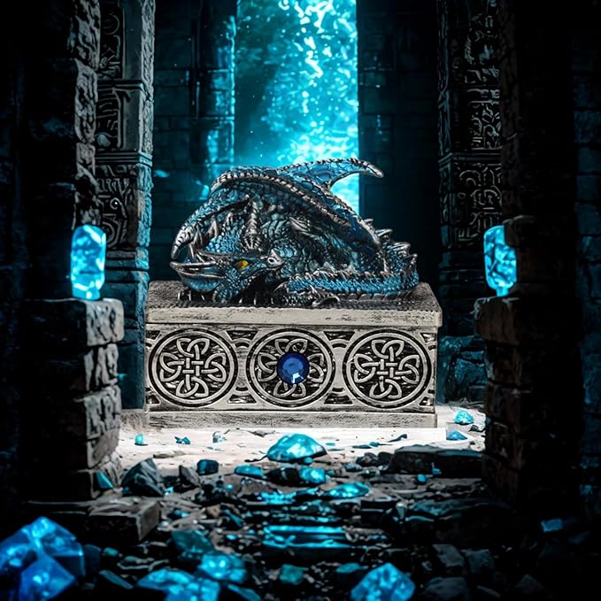 Dragon Statue Jewelry Box, Medieval Fantasy Myth Dragon With Cover Treasure Box, Dragon Statue Decoration Collection Gift Box. (Blue) - Image 6