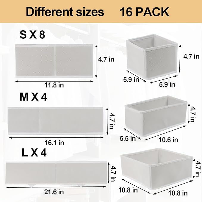 Fordonral 16 Pack Drawer Organizer Clothes, Foldable Fabric Dresser Organizer Closet Organizers and Storage Box for Underwear,Folded Clothes,Baby Clothing,Socks,Bra,Towels,Ties(White) - Image 3