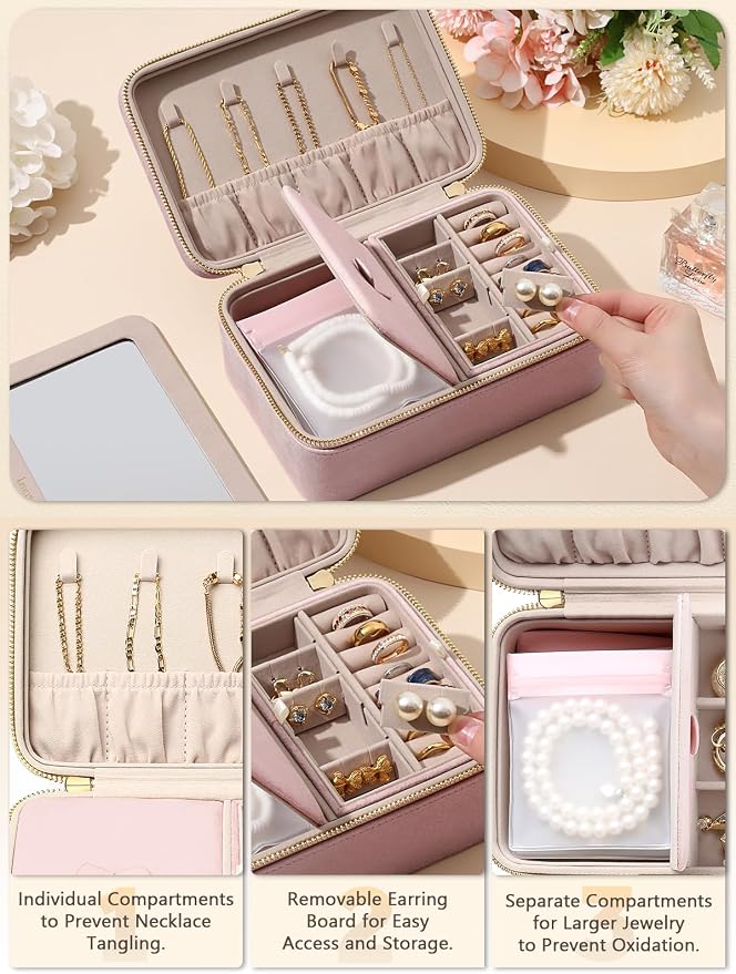 Velvet Travel Jewelry Box with Large Mirror, Double-Layer Jewelry Organizer Case for Women and Girls, Portable Storage Case with 6 Anti-Tarnish Bags Gift Ready for Her (Blush Pink) - Image 3
