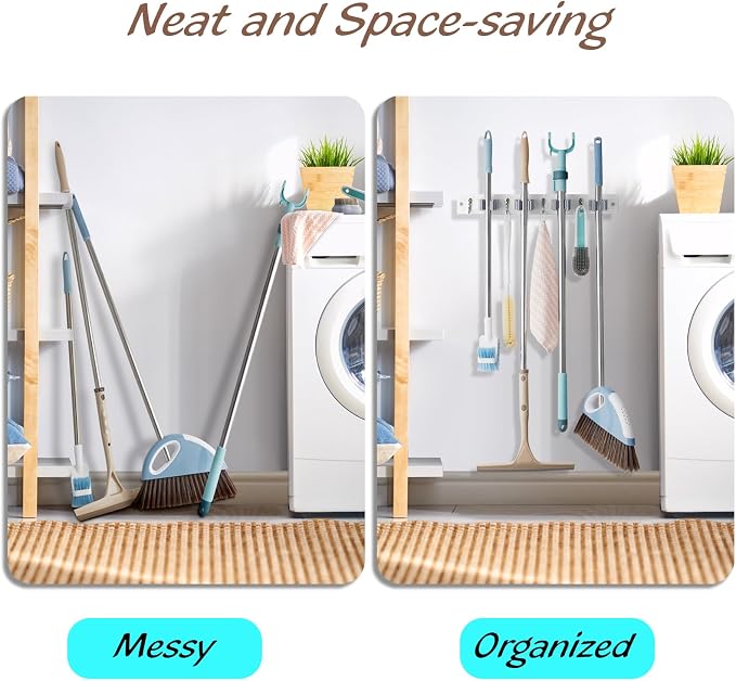 OUTNILI White Mop Broom Holder Wall Mount with 4 Slots & 4 Hooks - Wood Broom Mop Hanger for Pantry Closet Laundry Room Organization - Heavy Duty Garden Tool Organizer - White Kitchen Decor - Image 3