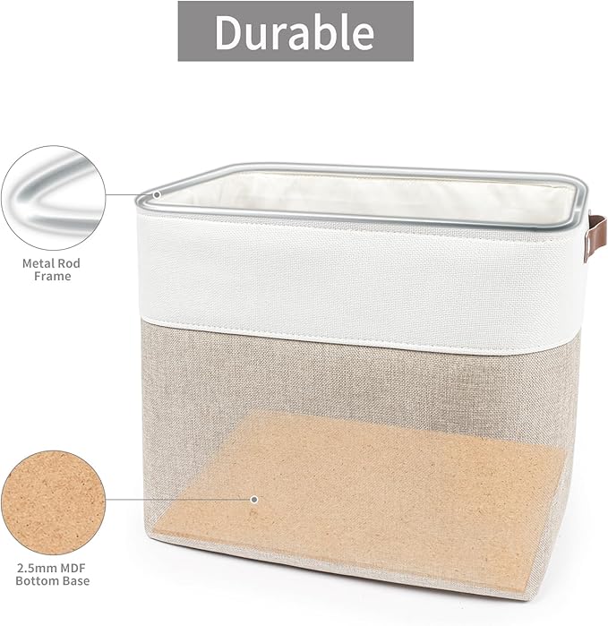 Bagnizer Large Fabric Storage Baskets | 50L Storage Bins, Decorative Linen Closet Baskets with Handles for Organizing, Shelf, Toys, Clothes, Home, Office, Nursery, 17x12x15Inches (Beige&White) - Image 4