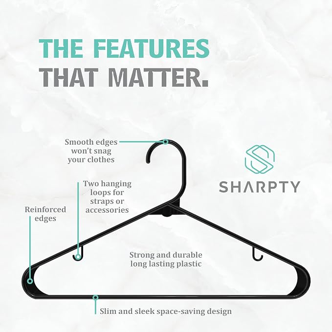 Sharpty Plastic Hangers Clothes Hangers for Clothing, Closet, Coats & Shirts - Durable & Space Saving - for Everyday Standard Use, Room Essentials & Basics - 40 Pack - Black - Image 2