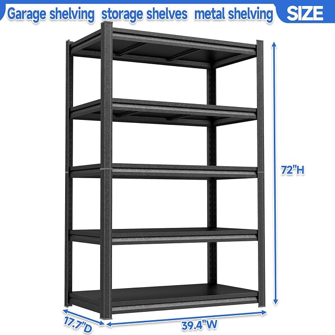 PRESTELION 72" H Storage Shelves 5 Tier Garage Shelving Unit 3000LBS Metal Shelf Adjustable Storage Rack for Basement, Warehouse, Pantry, Closet, Kitchen 72" H x 39.4" W x 17.7" D,Black - Image 2